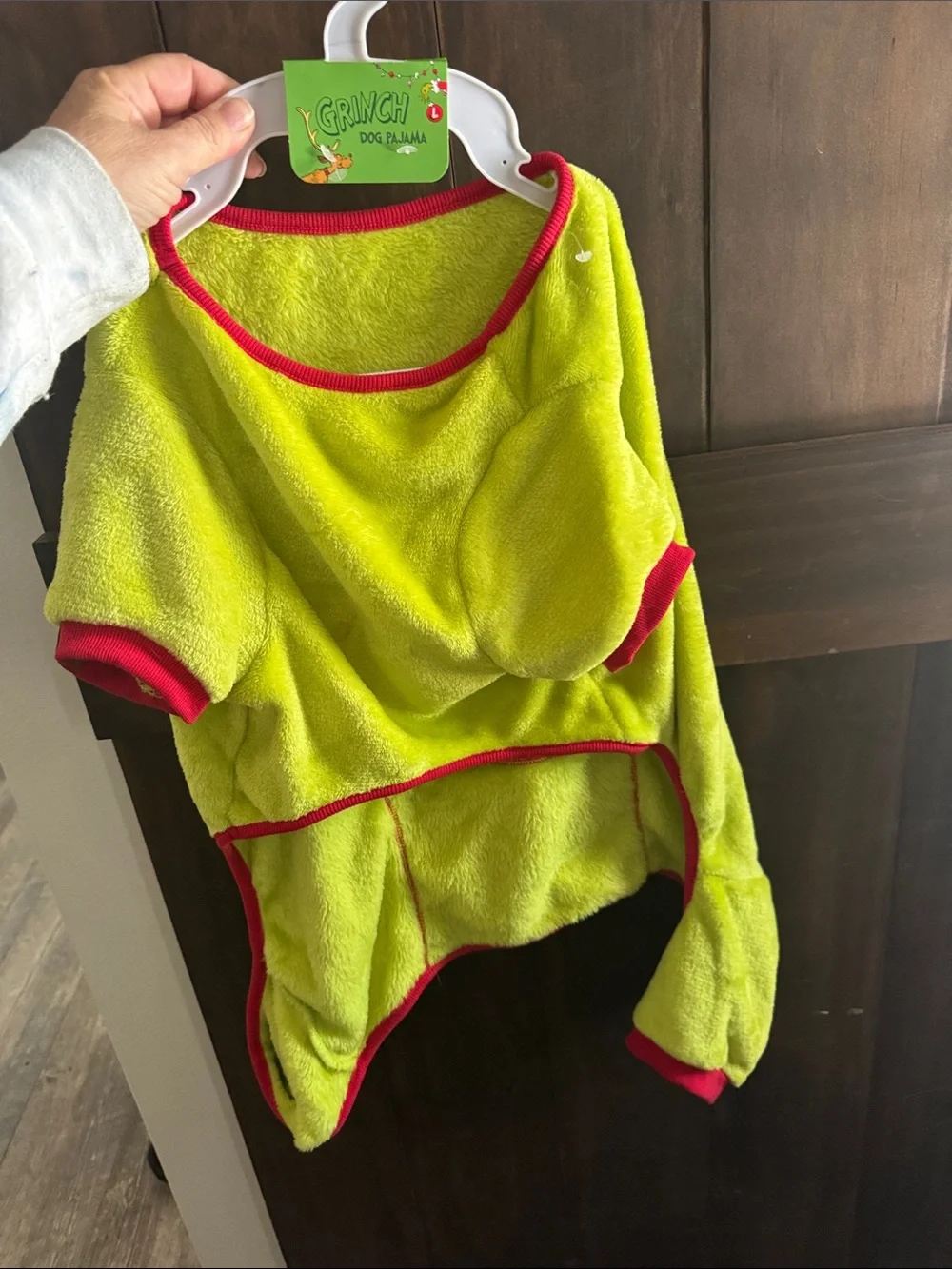 The Grinch Plush Hooded-for a doggy Lime Green with Red Trim